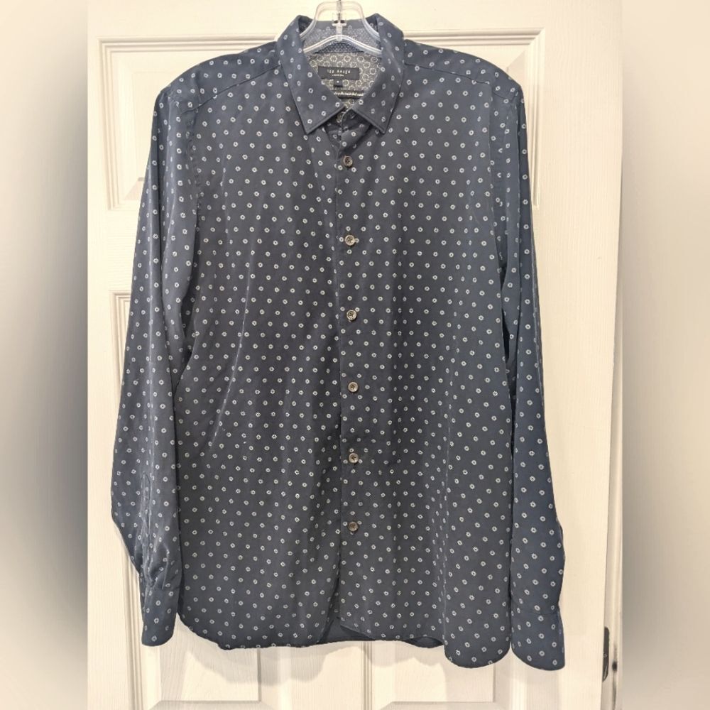 TED BAKER Men Navy blue Long Sleeve Casual dress Formal button Down shir sz L-4